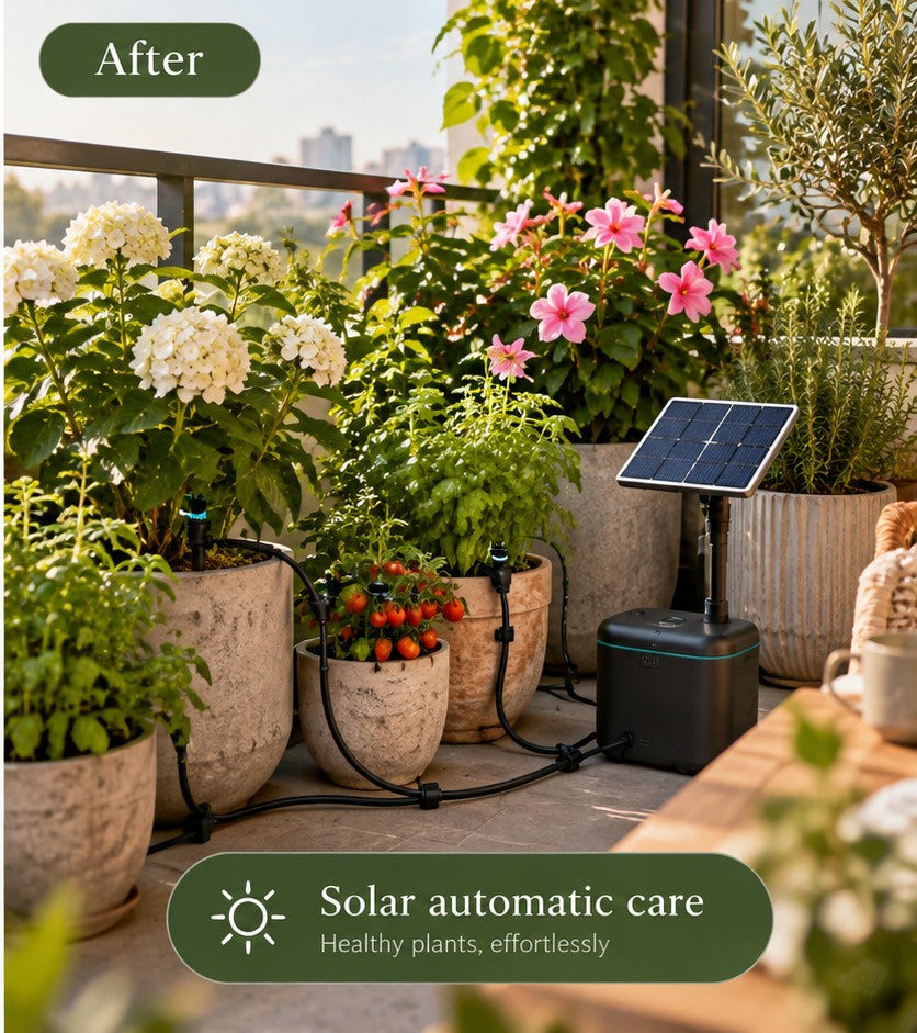 Illustrated after scene: green potted plants with a solar watering system