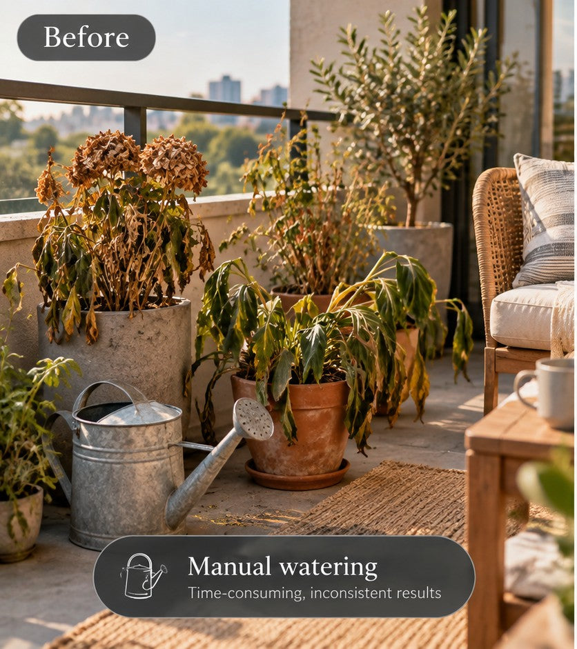 Illustrated before scene: dry potted plants on a balcony and a watering can